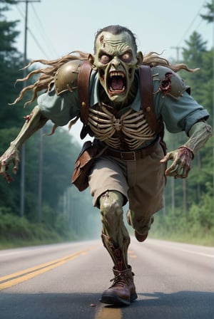 anime key visual, Old Fairy-Tale (Forrest Gump as Zombie running in highway:1.1) , very curious, wearing heavy armor with Retro details, Twirl pose, Masterpiece, Cosy, Dragoncore, Amaro, rpg concept art, intricate detailed face