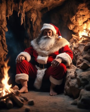 highly detailed photorealistic life-like photo stock extreme close up of barefoot wearing fur 50 year old solitary Santa dressed in a caveman costume inside an empty cave with a bonfire watching a highly detailed exquisite Primitiv christmas decorations on wall.Dramatic cinematic lighting.