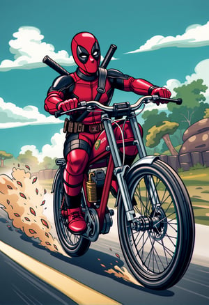 Deadpool riding a bike, realistic, higly detailed, cinematic, ,rubberhose style illustration,cartoonish __ character