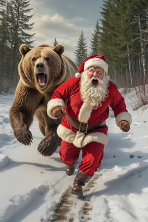 Santa running away from a brown bear,  scared face
, HDR, highly detailed, 32k,