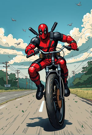 Deadpool riding a bike, realistic, higly detailed, cinematic, ,rubberhose style illustration,cartoonish __ character