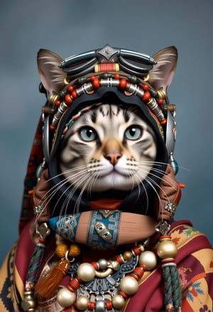 Smart Kindhearted stocky Hellenistic cleopatra - Burmese Cat hybrid as a Pilot, she is dressed in her traditional headdress atbmrn, The traditional headdress atbmrn is Awful and is made of Rattan, she has Half-up half-down hairstyle