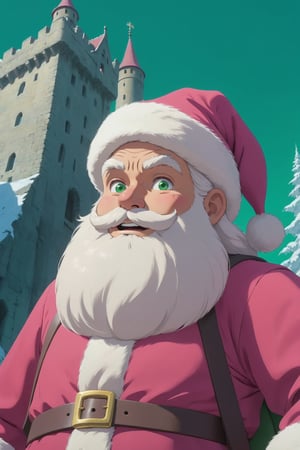 art by Makoto Shinkai and Studio Ghibli, selfie shot angle of a (Santa Claus:1.2) , it is very Majestic and Casual, simple Fuchsia and green background, nature, Icepunk, Unsplash, Medival style Castle
