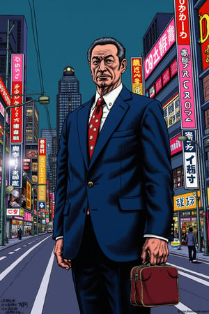 A Japanese businessman in a sharp suit, holding a briefcase, standing in front of a modern cityscape with neon signs,R.Crumb Style