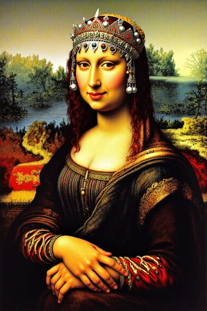 Moroccan version Mona Lisa, wearing traditional tasfift, (best quality, masterpiece:1.4), (ultra high resolution:1.4), extremely detailed .,R.Crumb Style,adrr-tsfft