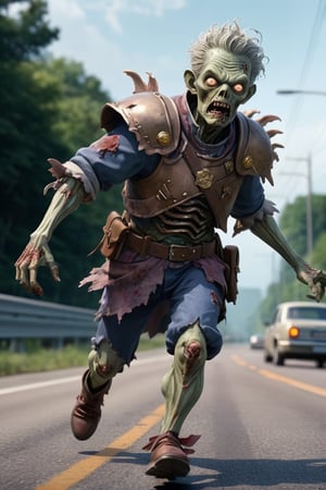 anime key visual, Old Fairy-Tale (Zombie running in highway:1.1) , very curious, wearing heavy armor with Retro details, Twirl pose, Masterpiece, Cosy, Dragoncore, Amaro, rpg concept art, intricate detailed face