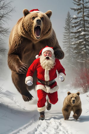 Santa running away from a brown bear,  scared face
, HDR, highly detailed, 32k,