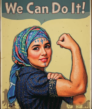 Moroccan version of  "We Can Do It!" poster but instead it reads " We Can Flux It". The woman in the image is depicted flexing her arm to show strength. She wears a headscarf and has facial usham, traditional symbols. The woman is dressed in a patterned, dark blue garment, and her lips are red. The overall feel combines elements of cultural pride with feminist imagery, creating a fusion of traditional identity and modern empowerment..,Usham,Tribal tattoos on forehead and chin,,R.Crumb Style