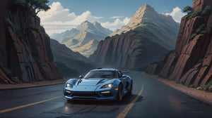 a blue sports car driving down the road, vector art, designed by moebius, dan mumford, intricate details, landscape of a Classic (morocco:1.3), mountains, Highres, Darkpunk, Selective focus, Concept Art World, masterpiece