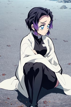 masterpiece, best quality, 1girl, white hair, brown skin, shinobu(demon slayer),demon slayer) ,kimetsu no yaiba, demon slayer uniform, white belt, black pants, crystal blue eyes,  breast,tits,  dark skinned gril, dark skin, short hair,  (Demon slayer), kimetsu no yaiba art style, demon slayer(series), black headband, chest exposed , demon slayer uniform, brown skin, , white hair, black headband , black pants, black shirt,  black pants,almond eyes, , short hair, straight hair, black headband, eye lashes, big chest, small eyes, bangs,  big breast, black headband, big boobs, white sleeves, long sleeves,  upper body, sitting, hugging legs, sitting down, side profile, serious, 