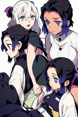 masterpiece, best quality, 1girl, white hair, brown skin, shinobu(demon slayer),demon slayer) ,kimetsu no yaiba, demon slayer uniform, white belt, black pants, crystal blue eyes,  breast,tits,  dark skinned gril, dark skin, short hair,  (Demon slayer), kimetsu no yaiba art style, demon slayer(series), black headband, chest exposed , demon slayer uniform, brown skin, , white hair, black headband , black pants, black shirt,  black pants,almond eyes, , short hair, straight hair, black headband, eye lashes, big chest, small eyes, bangs,  big breast, black headband, big boobs, white sleeves, long sleeves,  upper body, sitting, hugging legs, sitting down, side profile, serious, 