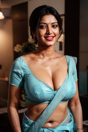 A gorgeous Bengali housewife, sensual gaze and smile, looking at the camera, waring a saree, real details, real face,  sleeveless blouse, Blouse button open, posing sexy for photo, taking a selfi, Highly detailed face, Clear skin, clear face, beautiful lips, perfect eyes, proper eye spacing, (((full body in frame))), Big breast, perfect shape breast, full cleavage exposed, under arms shaved & clean, smooth underarms, High Quality, Ultra focus, proper fingers, proper teeth, proper tongue, 4K resolution, very zoom out, cinematic lighting, unreal engine 5,
,Saree