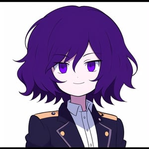 Elegant and enigmatic shapeshifter, dark wavy hair with purple, violet eyes, man, dark purple slime, 1boy, short-hair, pure dark purple hair, man hair, under uniform, black trench coat, refine details in the eyes, he projects an enigmatic silhouette. His posture, upright and majestic, suggests a deep connection with the nocturnal environment, revealing his essence as a being of darkness. epic hair, luminescent eyes, glowing violet eyes
Radiant face, friendly expression, maturity in his eyes, warm smile, evident tenderness, Side profile, head and shoulders visible, purple_eyes, light_background, Full profile, Full profile all looking at the camera, head and body visible, firm posture, white background, face and body looking_at_camera, same eyes, symmetrical eyes, looking_at_camera, a little down, hip profile upward, body looking straight ahead, head looking directly at the camera, eyes locked, Head centered, full frame, hair visible,avt,dot eyes, minimalistic, mouth_open