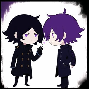 Elegant and enigmatic shapeshifter, dark wavy hair with purple, violet eyes, man, dark purple slime, 1boy, short-hair, pure dark purple hair, man hair, under uniform, black trench coat, refine details in the eyes, he projects an enigmatic silhouette. His posture, upright and majestic, suggests a deep connection with the nocturnal environment, revealing his essence as a being of darkness. epic hair, luminescent eyes, glowing violet eyes
Radiant face, friendly expression, maturity in his eyes, warm smile, evident tenderness, Side profile, head and shoulders visible, purple_eyes, light_background, Full profile, Full profile all looking at the camera, head and body visible, firm posture, white background, face and body looking_at_camera, same eyes, symmetrical eyes, looking_at_camera, a little down, hip profile upward, body looking straight ahead, head looking directly at the camera, eyes locked, Head centered, full frame, hair visible,avt,dot eyes, minimalistic, full body