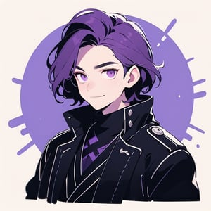 Man, elegant and enigmatic shapeshifter with dark wavy purple hair. He has glowing violet eyes and a friendly expression, showing maturity and a warm smile. His posture is upright and majestic, projecting an enigmatic silhouette that suggests a deep connection with the nocturnal environment, revealing his essence as a being of darkness. He wears a black trench coat, with refined details in the eyes. Side profile, head and shoulders visible, facing the camera with firm posture, head and body looking directly at the camera, eyes locked, full frame, head centered with hair visible,  simple details