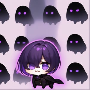 Man, elegant and enigmatic shapeshifter with dark wavy purple hair. He has glowing violet eyes and a friendly expression, showing maturity and a warm smile. His posture is upright and majestic, projecting an enigmatic silhouette that suggests a deep connection with the nocturnal environment, revealing his essence as a being of darkness. He wears a black trench coat, with refined details in the eyes. Side profile, head and shoulders visible, facing the camera with firm posture, head and body looking directly at the camera, eyes locked, full frame, head centered with hair visible, chibi, shorthair,doro, \:3,no humans, solid circle eyes, no pupils, white skin, all fours, creature, white outline