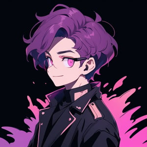 Man, elegant and enigmatic shapeshifter with dark wavy purple hair. He has glowing violet eyes and a friendly expression, showing maturity and a warm smile. His posture is upright and majestic, projecting an enigmatic silhouette that suggests a deep connection with the nocturnal environment, revealing his essence as a being of darkness. He wears a black trench coat, with refined details in the eyes. Side profile, head and shoulders visible, facing the camera with firm posture, head and body looking directly at the camera, eyes locked, full frame, head centered with hair visible,  simple details