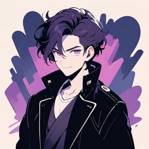 Man, elegant and enigmatic shapeshifter with dark wavy purple hair. He has glowing violet eyes and a friendly expression, showing maturity and a warm smile. His posture is upright and majestic, projecting an enigmatic silhouette that suggests a deep connection with the nocturnal environment, revealing his essence as a being of darkness. He wears a black trench coat, with refined details in the eyes. Side profile, head and shoulders visible, facing the camera with firm posture, head and body looking directly at the camera, eyes locked, full frame, head centered with hair visible, 