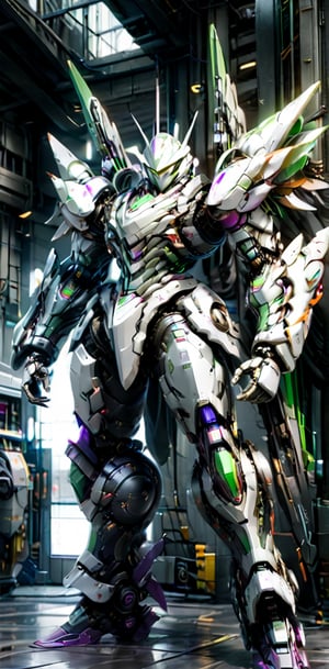 A masterpiece, a realistic photograph of a futuristic scene where there are two androids equipped with very high artificial intelligence. Their armor is purple and black with green fluorescent lines on the lower and upper limbs, they have a reinforced and massive helmet. Realistic metallic armor. The body is muscular. Web print. Full body view. 