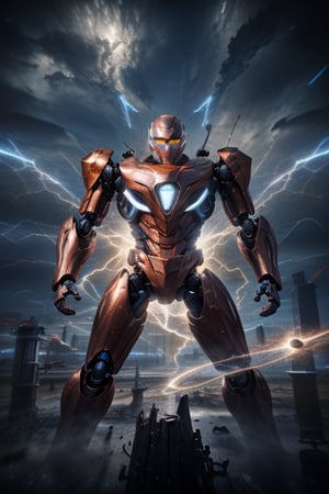 Master piece, 4k resolution, best quality, High quality, ultra realism, ultra realistic, ultra realistic metallica texture, UHD, photo realistic, masterpiece, a action figure like a robot, only God (male) of velocity, Orange armor High tech, flashes in the background, ambient light