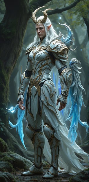 A majestic mystical elf man warrior stands tall amidst a vibrant, luminous forest, donning radiant, enchanted armor that shines like moonlit mist. Dazzling, iridescent hues dance across her attire as ethereal creatures - wispy sprites, gossamer winged horses, and shimmering fireflies - swirl around her in mesmerizing symphony.,FluxBoost