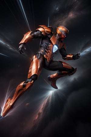 Master piece, 4k resolution, best quality, High quality, ultra realism, ultra realistic, ultra realistic metallica texture, UHD, photo realistic, masterpiece, God (male) of velocity, Orange armor High tech, flashes in the background, ambient light, side view