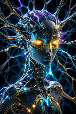 In a fantastically surreal world, a peculiar neural network takes form as an ethereal creature with interwoven circuitry for veins. Its body, resembling a curious blend of metal and organic matter, emanates an otherworldly luminescence. The image capturing this enigmatic being is an exquisitely detailed digital artwork, exhibiting vibrant hues and intricate textures. The artist's expert brushwork vividly portrays the neural network's intricate design, adding a sense of depth and realism. The luminous glow emitted by the network's circuits captivates the viewer, drawing them into this mesmerizing representation of technological marvels.
