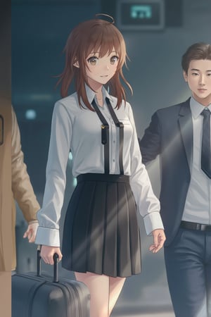 	Cinematic_Enhancer_Style, A beautiful  realistic Japanese girl in a school uniform, a black skirt and a white long-sleeved blouse with a black tie, has a suitcase in her hand and is looking at the smiling spectator,Cinematic_Enhancer_Style