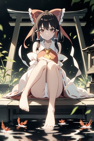 masterpiece, best quality, , hakurei reimu, fish, 1girl, detached sleeves, bow, solo, hair bow, barefoot, sitting, hair tubes, goldfish, red bow, red eyes, black hair, brown hair, torii, brown eyes, skirt, long hair, koi, bell, skirt set, looking at viewer, kirisame marisa, bare legs, wide sleeves, ascot, short hair, ribbon, water, bare shoulders, japanese clothes, red skirt, full body, bird, stone lantern, smile, wings, lantern, hair ribbon, long sleeves, miko, gohei, skirt lift,windlift, panties, white panties, panty_shot, KNEES, knees together