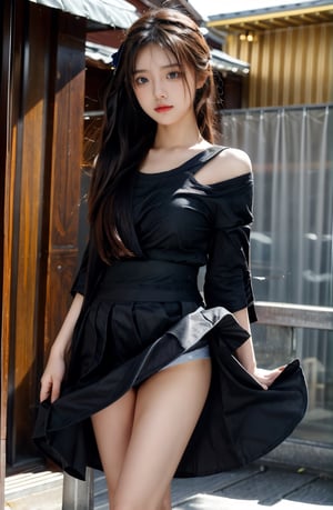 (glamour1.3) photo of a beautiful (teenage) woman with visible collarbone,  , Aesthetic,  dramatic lighting, cinematic shot, 50mm lens, rule_of_thirds, Fujicolor_Pro_Film,asian girlm naked, NSFW,windlift, black_skirt, windlift, dress, standing, underwear, panties,hakurei reimu, red hakama, red long skirt, long skirt, windlift, skirt_lift, smile, sexual arousal 