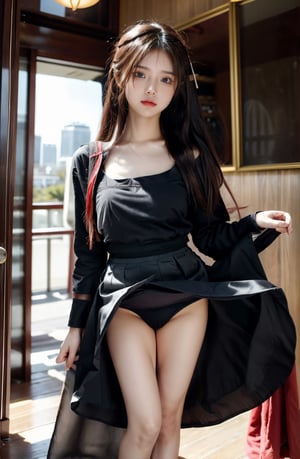 (glamour1.3) photo of a beautiful (teenage) woman with visible collarbone,  , Aesthetic,  dramatic lighting, cinematic shot, 50mm lens, rule_of_thirds, Fujicolor_Pro_Film,asian girlm naked, NSFW,windlift, black_skirt, windlift, dress, standing, underwear, panties,hakurei reimu, red hakama, red long skirt, long skirt, windlift, skirt_lift, smile, sexual arousal 