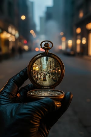 A close-up of an old, cracked pocket watch held in a gloved hand, the glass face missing, revealing not gears but a miniature, frozen moment in time inside a bustling Victorian street, with tiny horse-drawn carriages and pedestrians, all paused mid-action. The buildings within the watch are intricately detailed, with tiny street lamps casting a soft, golden glow. The glove is made of finely stitched leather, and in the background, a cyberpunk crowded mega-polys street, fades into the neon light and smoke, late night, skyscrapers, futuristic cars,Cinematic_Enhancer_Style