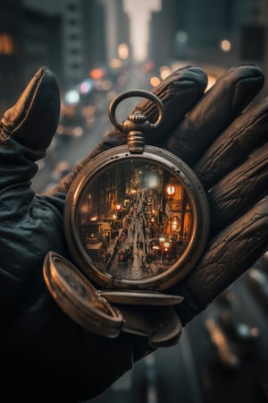 A close-up of an old, cracked pocket watch held in a gloved hand, the glass face missing, revealing not gears but a miniature, frozen moment in time inside a bustling Victorian street, with tiny horse-drawn carriages and pedestrians, all paused mid-action. The buildings within the watch are intricately detailed, with tiny street lamps casting a soft, golden glow. The glove is made of finely stitched leather, and in the background, a cyberpunk crowded mega-polys street, fades into the neon light and smoke, late night, skyscrapers, futuristic cars,Cinematic_Enhancer_Style