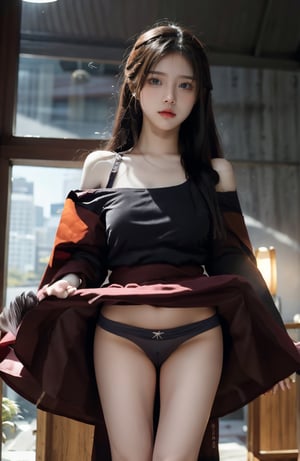 (glamour1.3) photo of a beautiful (teenage) woman with visible collarbone,  , Aesthetic,  dramatic lighting, cinematic shot, 50mm lens, rule_of_thirds, Fujicolor_Pro_Film,asian girlm naked, NSFW,windlift, black_skirt, windlift, dress, standing, underwear, panties,hakurei reimu, red hakama, red long skirt, long skirt, windlift, skirt_lift, smile, sexual arousal 