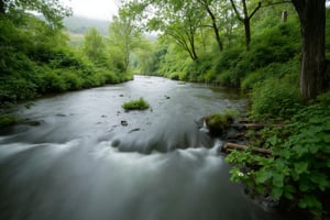 Captured at eye-level on a low-angle shot of a river flowing through a lush green forest. The river's water is flowing in a flowing motion, creating a peaceful and serenerene scene. The sky is a misty white, adding a touch of fog to the scene. To the right of the river, a tree trunk is visible, its branches reaching out to the ground. The trees are covered in lush, green grass, adding depth to the composition.,Cinematic_Enhancer_Style