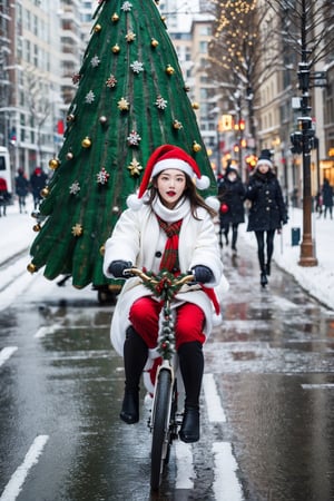 beauty girl riding a bike on a winter street. She is bundled up in warm winter attire, possibly wearing a Santa Costume with a white coat, red scarf, and red gloves and santa hat. The winter setting is characterized by the chilly air and perhaps falling snowflakes. The scene captures the energy of a beauty girl commuting on a bicycle during the brisk winter months, combining the elements of daily life, seasonal attire, and transportation,The city center is lined with high-rise buildings crowded with people, ((There is a huge Christmas tree on the street:1.4)), heavy snow,SGBB