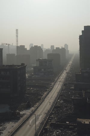 Ruins of a once-thriving metropolis lie in devastating disarray, streets cracked and pockmarked from the catastrophic impact of multiple nuclear blasts. Charred buildings stand like skeletal sentinels, while twisted metal and debris litter the barren landscape. A greyish haze hangs heavy over the devastation, casting long shadows across the desolate terrain, Cinematic_Enhancer_Style