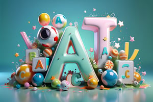 English Word "(((( A B C D )))", for kids cheerful, 3d, C4D, mixer, Octane rendering, (full Croma green background), Masterpieces in pastel colors, Hard material, Best Quality, super detaill, High Quality, 4k, 3D