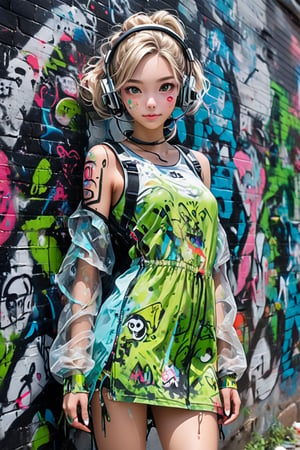 Lovely cute young attractive russian  girl, 18 years old, cute model, long blond_green short dress, good fit body 
Photorealistic:1.2,Hyperdetailed, solo, urban techwear outfit, (graffiti:1.5), paint splatter, arms behind back, against wall, looking at viewer, armband, thigh strap, paint on body, head tilt, bored, multicolored hair, aqua eyes, headset,urban techwear,high_res, 1girl, most beautiful korean girl, Korean beauty model, idol face, gorgeous girl, 18yo, over sized eyes, big eyes, smiling, looking at viewer,masterpiece