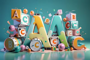 English Word "(((( A B C D )))", for kids cheerful, 3d, C4D, mixer, Octane rendering, (full Croma green background), Masterpieces in pastel colors, Hard material, Best Quality, super detaill, High Quality, 4k, 3D