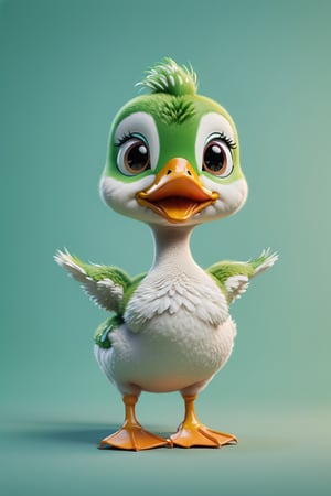 Duck walking, both arms up to the shoulder level,cheerful, 3d, C4D, mixer, Octane rendering, (full Croma green background), Masterpieces in pastel colors, Soft material, Best Quality, super detaill, High Quality, 4k, (3d, cute, chibi style), ((perfect high detailed image)), full Croma green background, no ingredients in background only Croma green colour