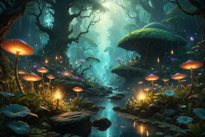 Stunning visual masterpiece, ultra detailed illustration painting of a bedazzling wild enviroment, concept art, subtle colors, fantastical realm, extremely detailed, ethereal, magical glow, ultra sharp focus, ethereal glowy smoke, light particles, attention to detail, grandeur and awe, cinematic, double exposure, long exposure, gardan for kids, 8k, photorealistic, strong outlines, dimly lit dark fantasy realm enviroment, rule of thirds depth of field intricate details, cinematographic scene,