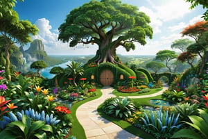 gardan for kids, Generate a fantastical representation of the Garden of Eden, where humans coexist with mythical creatures in a lush, otherworldly paradise