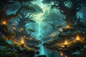 Stunning visual masterpiece, ultra detailed illustration painting of a bedazzling wild enviroment, concept art, subtle colors, fantastical realm, extremely detailed, ethereal, magical glow, ultra sharp focus, ethereal glowy smoke, light particles, attention to detail, grandeur and awe, cinematic, double exposure, long exposure, gardan for kids, 8k, photorealistic, strong outlines, dimly lit dark fantasy realm enviroment, rule of thirds depth of field intricate details, cinematographic scene,