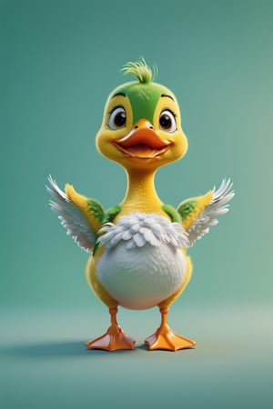 Duck walking, both arms up to the shoulder level,cheerful, 3d, C4D, mixer, Octane rendering, (full Croma green background), Masterpieces in pastel colors, Soft material, Best Quality, super detaill, High Quality, 4k, (3d, cute, chibi style), ((perfect high detailed image)), full Croma green background, no ingredients in background only Croma green colour