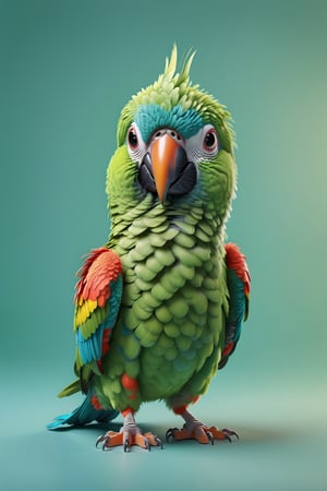 parrot walking, both arms up to the shoulder level,cheerful, 3d, C4D, mixer, Octane rendering, (full Croma green background), Masterpieces in pastel colors, Soft material, Best Quality, super detaill, High Quality, 4k, (3d, cute, chibi style), ((perfect high detailed image)), full Croma green background, no ingredients in background only Croma green colour