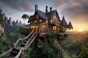 (valley, fairytale treehouse village covered, , matte painting, highly detailed, dynamic lighting, cinematic, realism, realistic, photo real, sunset, detailed, high contrast, denoised, centered, michael whelan), Detailed Textures, high quality, high resolution, high Accuracy, realism, color correction, Proper lighting settings, harmonious composition, Behance works