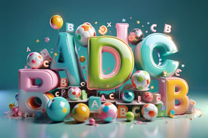 English Word "(((( A B C D )))", for kids cheerful, 3d, C4D, mixer, Octane rendering, (full Croma green background), Masterpieces in pastel colors, Hard material, Best Quality, super detaill, High Quality, 4k, 3D