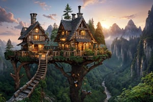 (valley, fairytale treehouse village covered, , matte painting, highly detailed, dynamic lighting, cinematic, realism, realistic, photo real, sunset, detailed, high contrast, denoised, centered, michael whelan), Detailed Textures, high quality, high resolution, high Accuracy, realism, color correction, Proper lighting settings, harmonious composition, Behance works