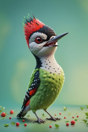 Woodpecker walking, both arms up to the shoulder level,cheerful, 3d, C4D, mixer, Octane rendering, (full Croma green background), Masterpieces in pastel colors, Soft material, Best Quality, super detaill, High Quality, 4k, (3d, cute, chibi style), ((perfect high detailed image)), full Croma green background, no ingredients in background only Croma green colour